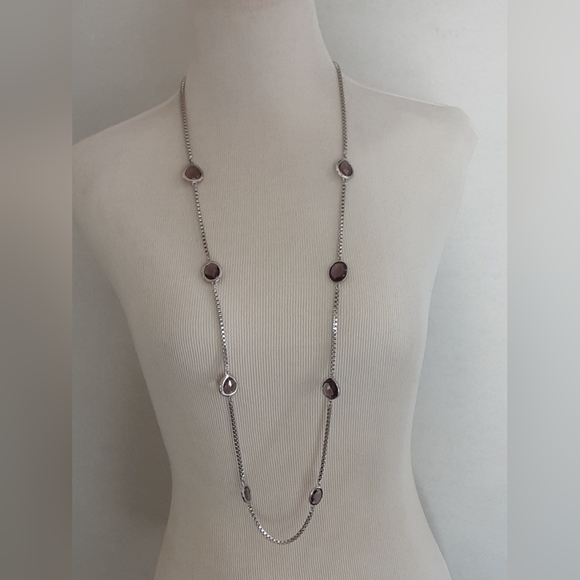 ANNE KLEIN Station Faux Amethyst Facet Silver Box Chain Toggle Long Necklace 40" - Picture 3 of 6